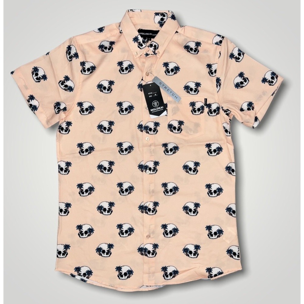 Molokai Surf Co Shirt Men's Skulls Print Top Pocket New Peach Color Size M